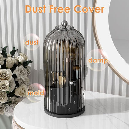 Makeup Brush Holder with Lid 360 Rotating Clear Dustproof Make Up Organizers for Vanity Bathroom Countertop, Black