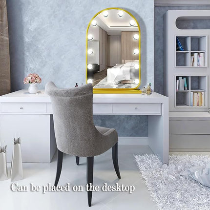 THEKLA Gold Arch Hollywood Vanity Mirror with Lights Dimmable 3Color 12 Bulbs Hollywood Vanity Lighted Mirror for Bedroom Wall Detachable Base Stand X10 Magnifying Arch Vanity Makeup Desk Table Mirror