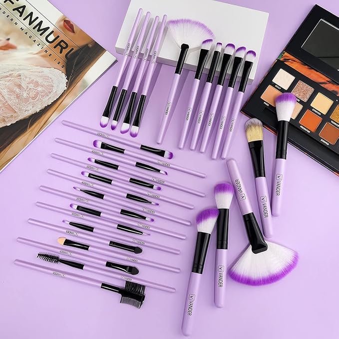 Vander Makeup Brushes, 32Pcs Professional Premium Synthetic Makeup Brush Set with Case, Eyeshadow Foundation Blending Face Contour Cosmetic Brush Travel Make up Brushes Set for Women, Girl (Purple)