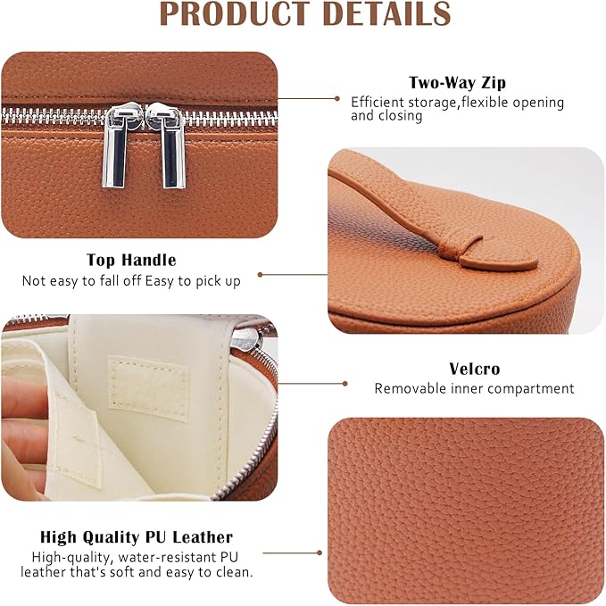 KJMYYXGS Leather Makeup Bag with Dividers Make Up Organizers with Compartments and Handle for Vanity Travel Makeup Countertop Case (brown)