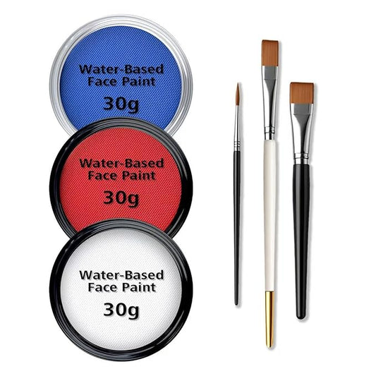 Water-Based Red White Blue Patriotic Face Body Paint Kit with Brushes for 4th of July, Halloween Cosplay and Sports Events