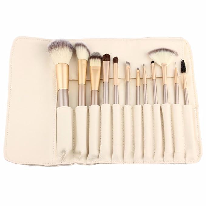 12 Piece Makeup Brushes Set | Horse Hair Professional Kabuki Makeup Brush Set Cosmetics Foundation Makeup Brushes Set Kits with White Cream-colored Case Bag