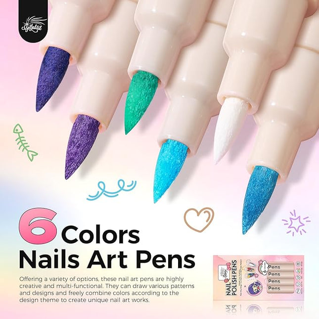 GELLAKTIK 6 Colors Nail Art Pens Set, 3D Nail Polish Pens Quick-Drying Acrylic Paint Markers, Dotting Liner Brush for DIY Nail Design, Home & Salon Manicure Tools