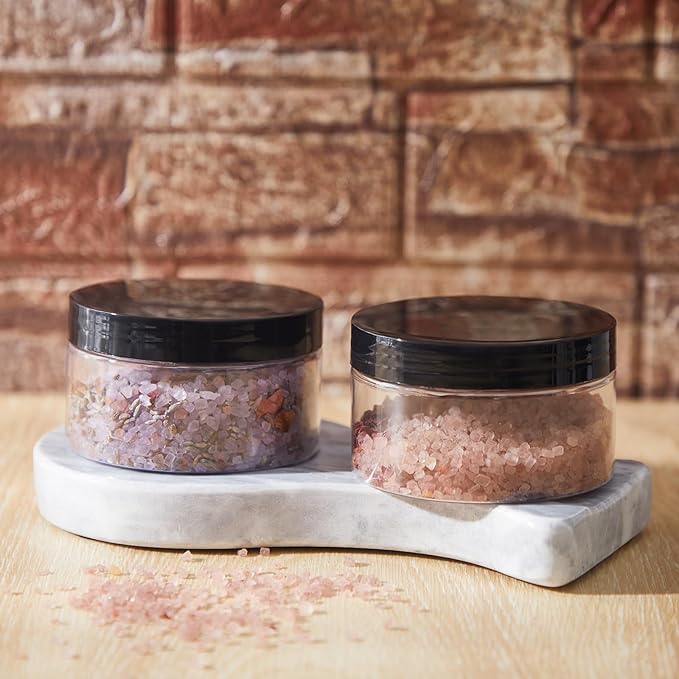 Uiifan 48 Pcs 8 oz Plastic Jars with Lids &labels, Empty Refillable Cosmetic Leak Proof Containers for Cream Body Butters Powder Ointment Lip Scrub(Clear with Black Lids)