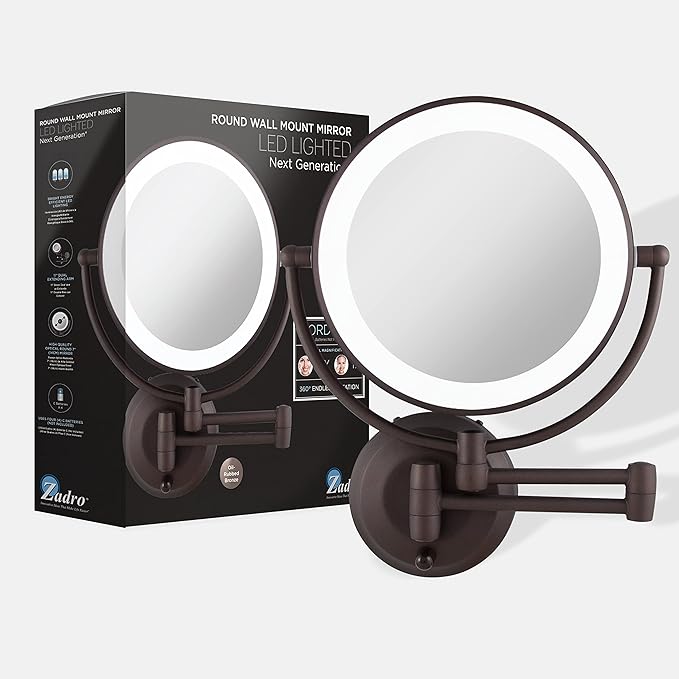 Zadro 11" LED Wall Mounted Makeup Mirror 10X/1X Shaving Mirror Cordless or Battery Operated Vanity Mirrors for Wall (Large | 10X/1X | 11" x 14.5", Oil-rubbed Bronze)