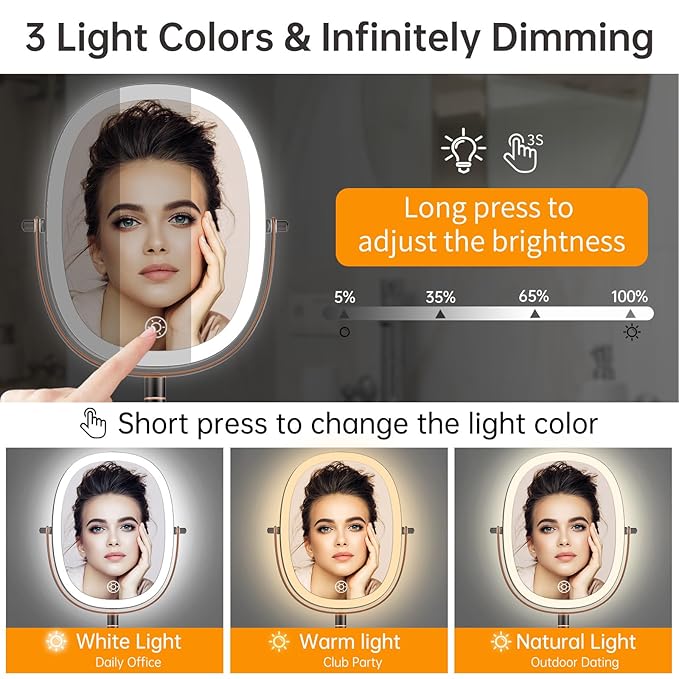 Funtouch 9" Wall Mounted Lighted Makeup Mirror, Rechargeable Double Sided 1X/7X Magnifying Mirrors with Light, 3 Color Lights, Touch Dimmable, Extended Arm 360 Rotation Oval Shaving Light up Mirror