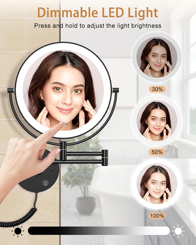Benbilry 9" Large Wall Mounted Lighted Makeup Mirror, 1X/10X Magnifying Double-Sided AC Pulg-in Powered Bathroom Mirror with 3 Color Lights, Touch Dimmable, Extended Arm 360 Rotation, Black