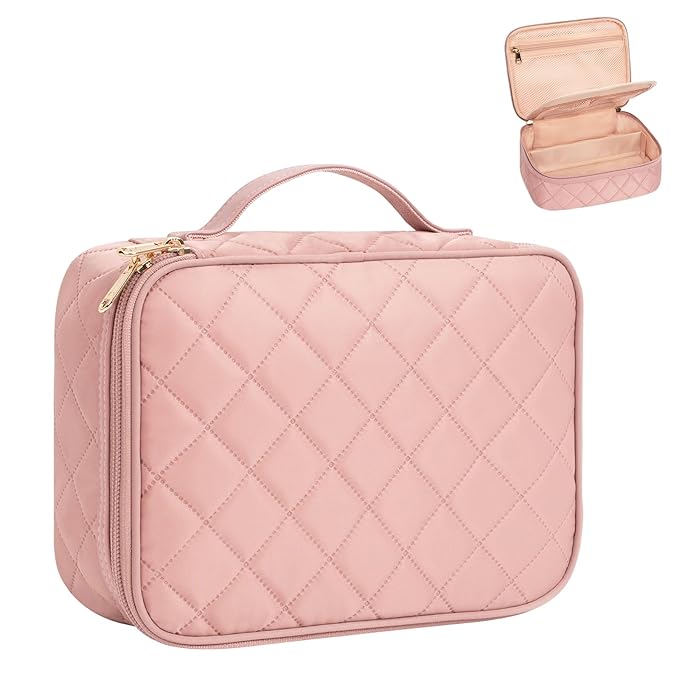 OCHEAL Makeup Bag, Cute Makeup Organizer Bag Make up Bag for Toiletry Cosmetics Accessories with Divider and Brushes Compartments, Makeup Travel Case Cosmetic Bags Women Girls -Nude Pink