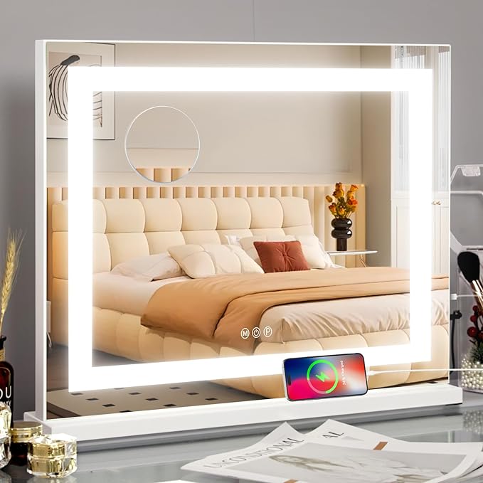 COOLJEEN Vanity Mirror with Lights, 23" x 18" LED Makeup Mirror, Lighted Makeup Mirror with 3 Color Modes, Detachable 10x Magnification and USB Charging, Tabletop & Wall-Mounted