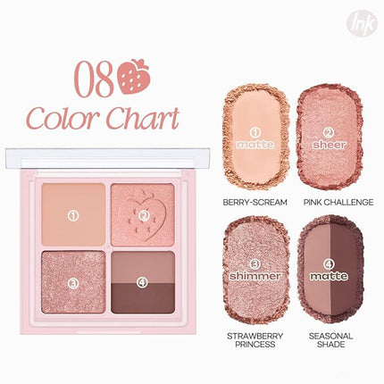 Peripera Ink Pocket Shadow Palette, Eyeshadow Quads, Creamy Formula, Blendable Matte & Shimmer Shades, Easy to Apply (008 STRAWBERRY IN MUTE, One Size)