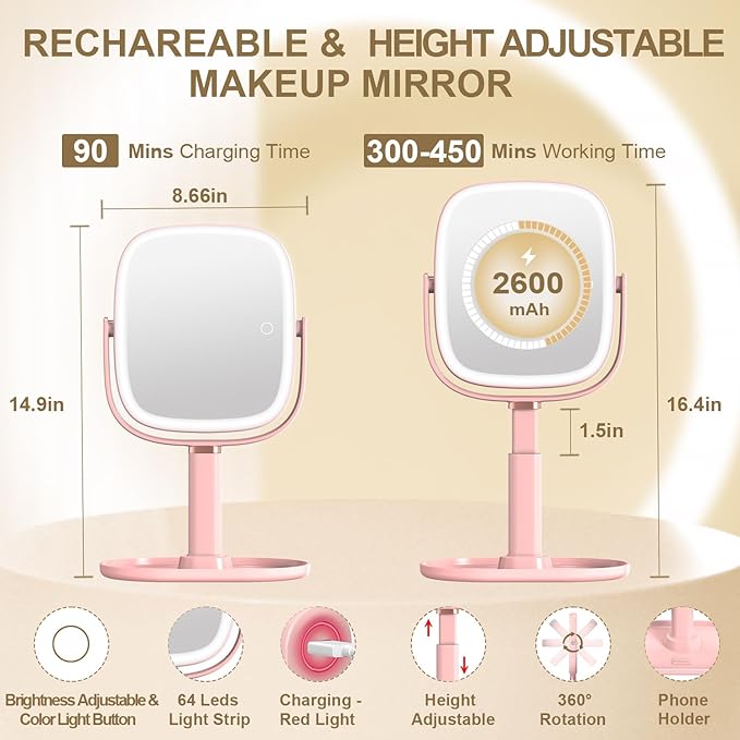 Mocado Makeup Mirror with Lights, 1X/20X Magnifying Mirror with Light, Vanity Mirror with 3 Colors Lights, Height Adjustable Lighted Makeup Mirror, Double Sided 360°Rotation, Memory Function (Pink)