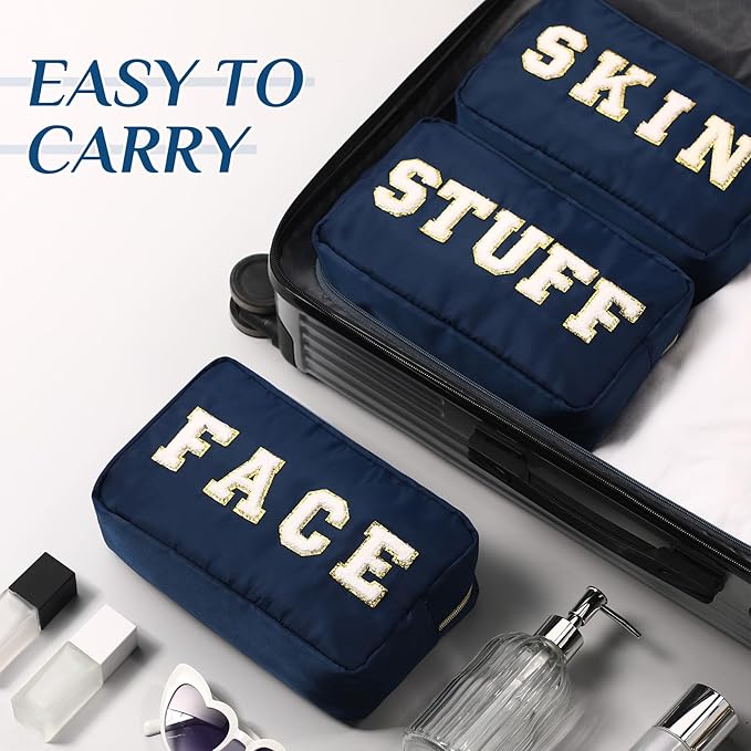 Cunno 4 Pcs Preppy Makeup Bags Chenille Letter Stuff Bag Nylon Cosmetic Pouch Cases with Zipper for Women Travel Toiletry