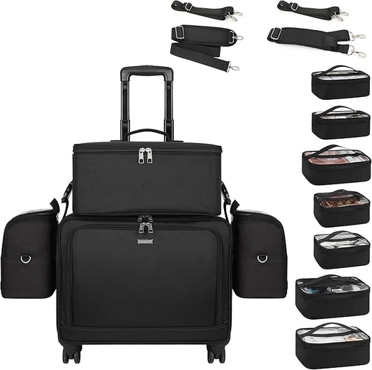 Rolling Makeup Bag Professional Makeup Artist Bags 4 in 1 Rolling Cosmetics Case Organizer Extra Large Trolley Travel Case with 360° Swivel Wheels and Adjustable Dividers