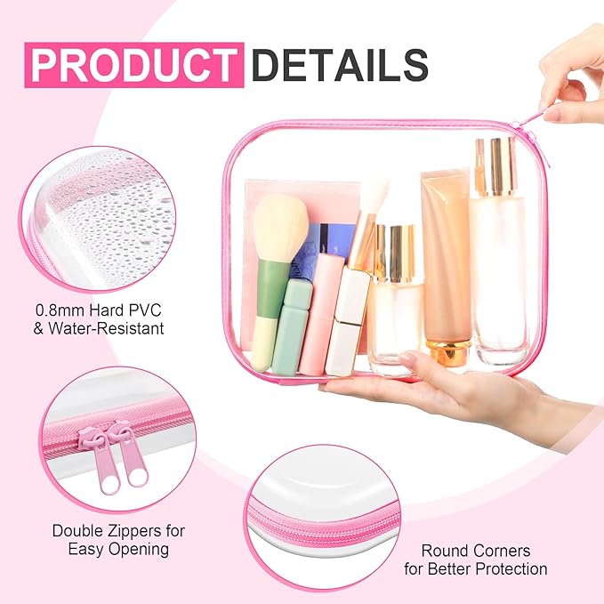Hoolerry 4 Pcs Hard Clear Zipper Case Makeup Bags Plastic Pencil Pouch Transparent Storage Box Containers for Cosmetics, Snacks, Building Blocks, Puzzles(Pink,9.8 x 7.9 x 2 in)