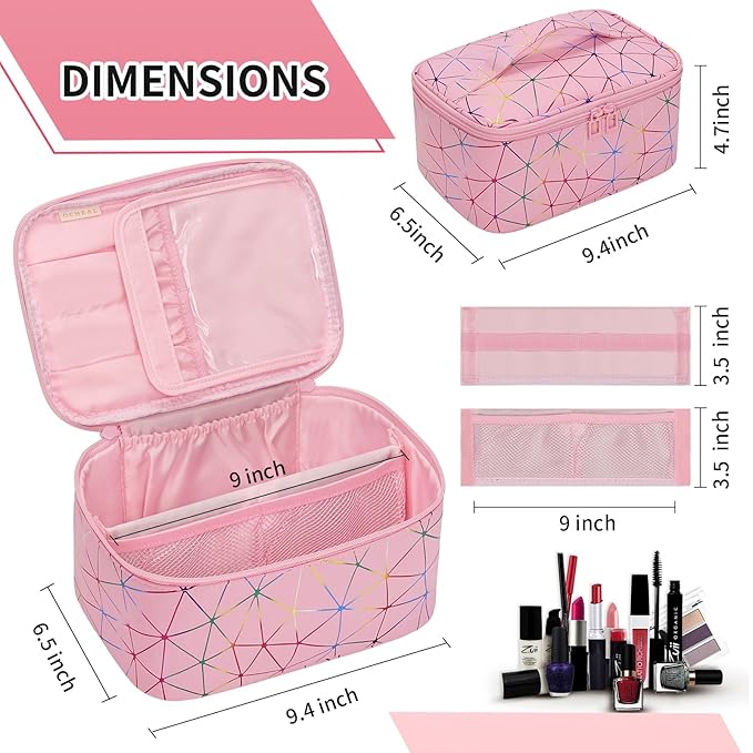 OCHEAL Makeup Bag - Portable Large Capacity Travel Cosmetic Case for Women with Handle and Divider Toiletry Organizer for Girls on the Go -Geometric Pink