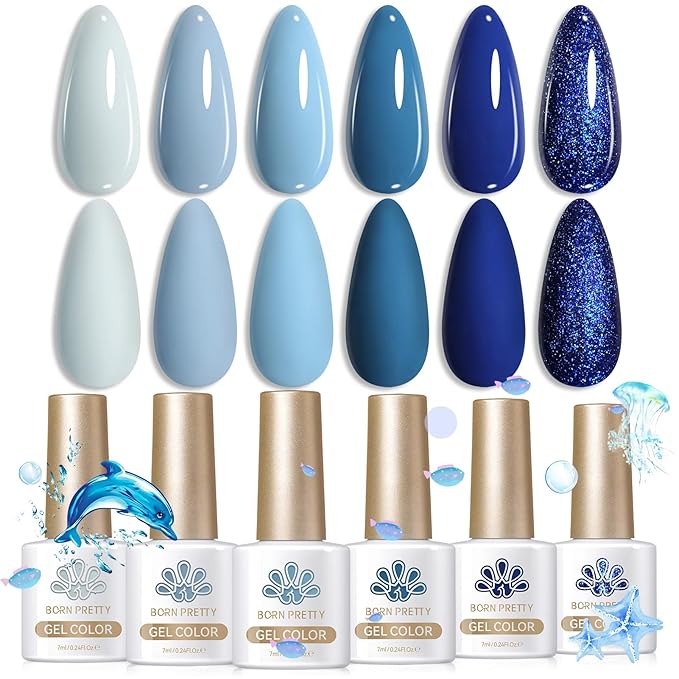 Born Pretty Blue Gel Nail Polish,Light Baby Sky Blue to Dark Navy Royal Shades 6 Colors Glitter Nail Gel Polish Kit Nail Art Manicure DIY Set Home and Salon Holiday Gifts