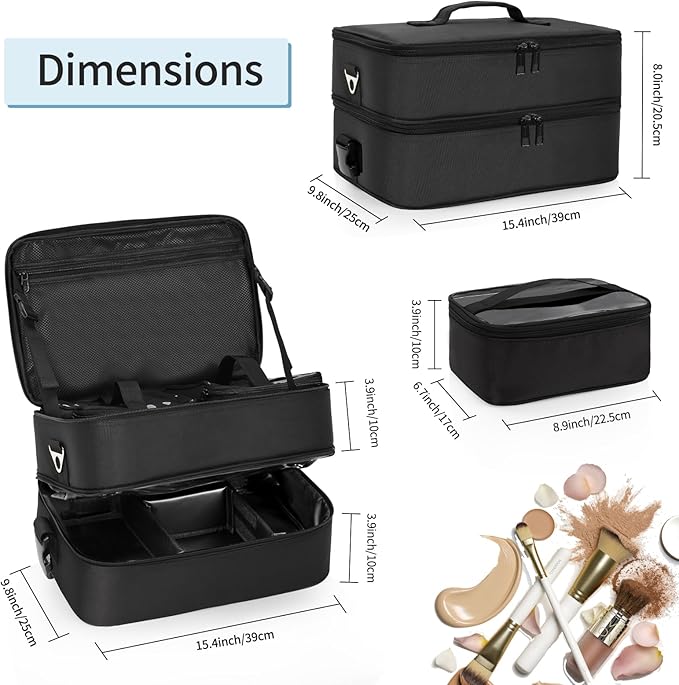 Extra Large Makeup Case, Professional Makeup Artist Traveling Bag, Double Layer Lightweight XL Makeup Travel Case Organizer for Artist Hairstylist Crafters with 2 Detachable Pouch & Shoulder Strap