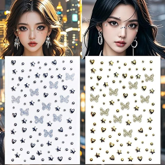 Fake Metallic Eye Corners Face Jewels Silver Gold Butterfly Face Gems Tattoo Decorations Body Glitter Crystal Sticker Temporary Tattoo, 2-Pack