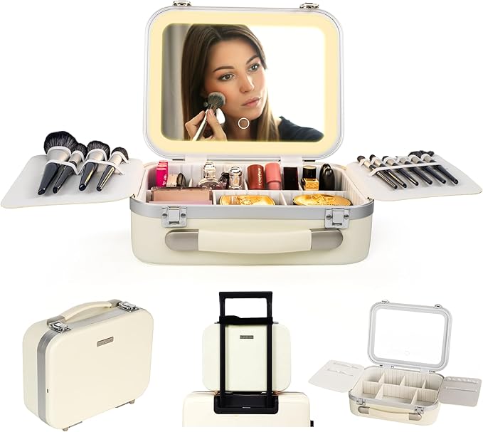 Lighted Makeup Case with Mirror - Standard Size 11.4" x 9" - Travel Makeup Train Case With Mirror - Rechargeable LED Travel Vanity Case with Adjustable Brightness - Train Case Makeup Bag - White