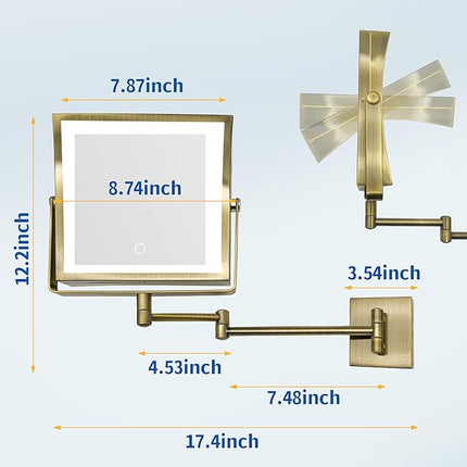 Ruacq Rechargeable Wall Mounted Makeup Mirror with Lights, Double Sided 1X/10X Magnifying Vanity Mirror with 3 Color Lights, Touch Screen Dimmable, 360° Rotation Extension Foldable Arm(Antique Brass)