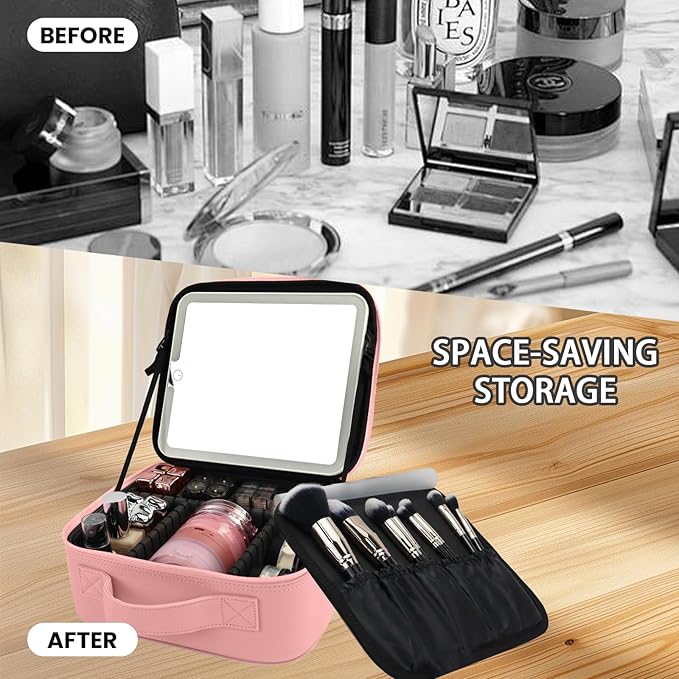 Travel Makeup Bag with LED Mirror Makeup Case with Light Up Mirror Portable Cosmetic Brush Organizer Bag with Adjustable Dividers for Cosmetics Makeup Brushes Toiletry (Pink)