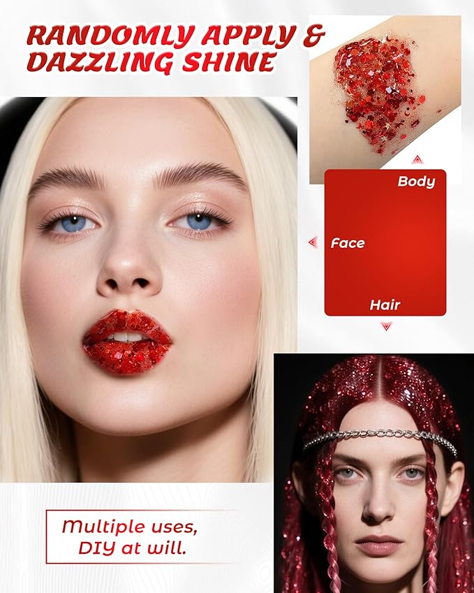 6PCS Red Face Body Glitter Gel，Holographic Chunky Sequins Body Glitter Paint for Party Singer Concerts Music Festival Rave Accessories for Girls Women Face Body DIY Sparkling Makeup