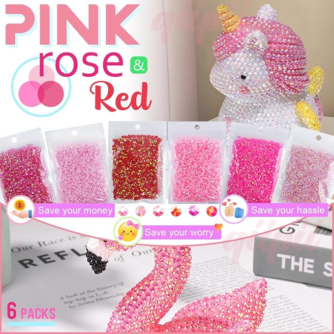 6 Bags Colorful Rose & Pink Series Resin Rhinestones for Bedazzling Crafting 3mm 4mm 5mm Mix Flatback Stones Gems Diamonds for Nails Face Eyes Makeup DIY Crafts Tumblers Bottles Clothes Shoes
