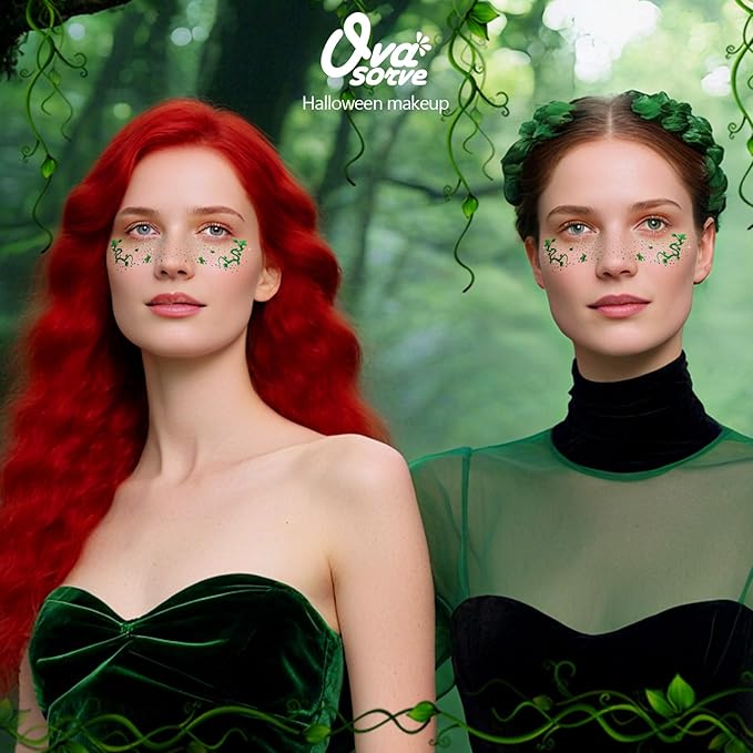 Ivy Freckles Face Tattoo - Enchanted Vine & Green Leaf Temporary Tattoos | Waterproof Face Gems for Halloween Ivy Costume, Botanical Makeup, Festival & Cosplay (8 Sheets)