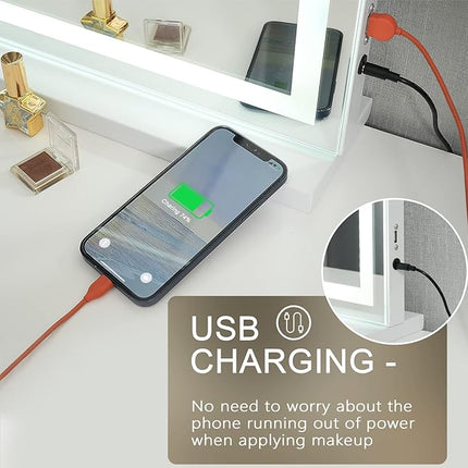 Sucedey Vanity Mirror with Lights, 23" x 18" Makeup Mirror, Hollywood Mirror with 3 Color Modes & Adjustable Brightness, Detachable 10x Zoom Mirror and USB Charging Design (White)