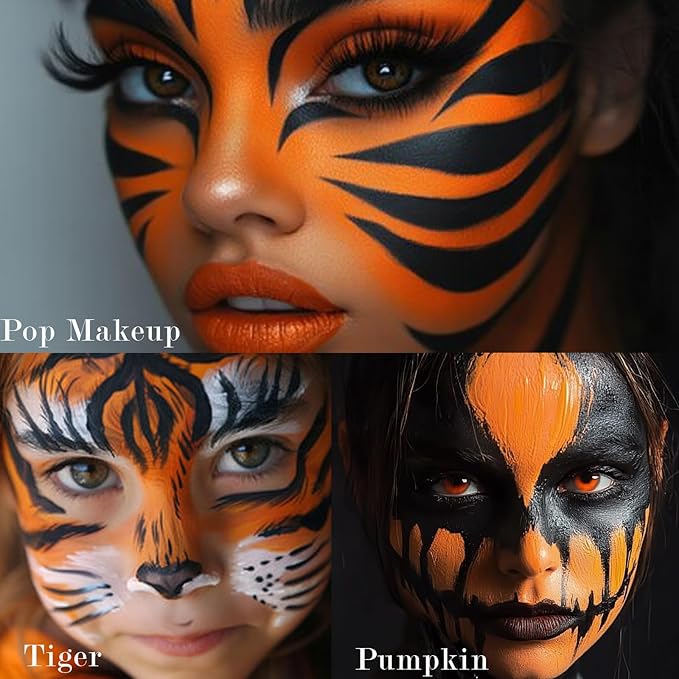 Black Orange Face Body Paint 1.01 oz/pc with 2 Sponges,Water Based Face Paint Kit for Clown Tiger Vampire Pumpkin Cosplay Makeup,Halloween SFX Makeup Cream Face Painting for Kids,2.02 oz
