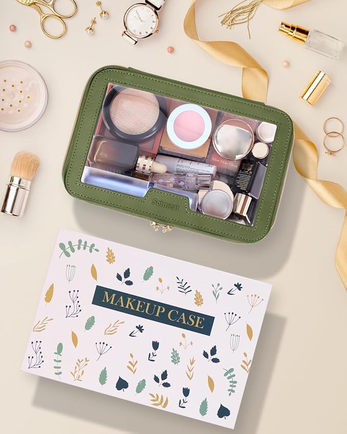 Travel Clear Makeup Bag with Makeup Brush Bag, Leather Makeup Case Toiletry Bag, Portable Cosmetic Bag Case, Transparent Waterproof Cosmetic Organizer Storage Bag for Women, Green