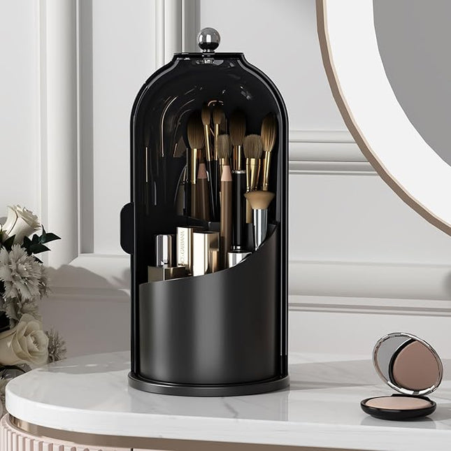 Makeup Brush Holder with Lid 360 Rotating Clear Dustproof Make Up Organizers for Vanity Bathroom Countertop, All Black