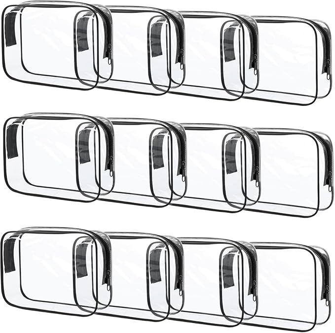 12 Pcs Clear Toiletry Bag PVC Waterproof Zippered PVC Cosmetic Makeup Carry Pouch TSA Approved Toiletry Bag for Travel Clear Organizer Storage Bags (Medium, Black)