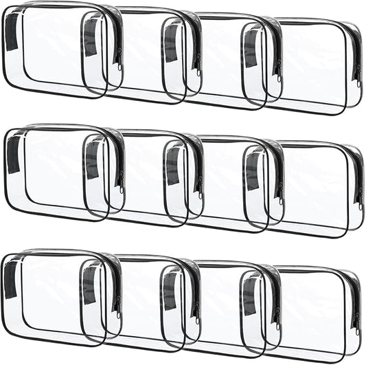 12 Pcs Clear Toiletry Bag PVC Waterproof Zippered PVC Cosmetic Makeup Carry Pouch TSA Approved Toiletry Bag for Travel Clear Organizer Storage Bags (Medium, Black)