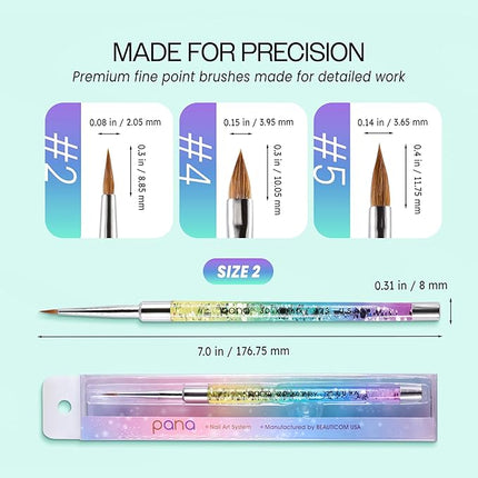PANA Kolinsky 3D Acrylic Nail Brushes with Liquid Glitter Handle - For Professional Acrylic Powder Liquid Manicure Pedicure (Rainbow Color, Size #2)