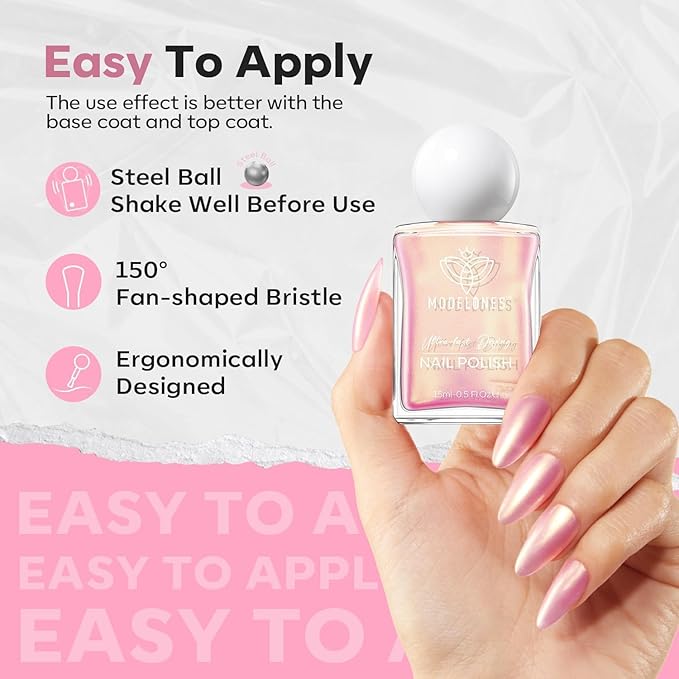 modelones Chrome Pink Nail Polish, 15 ml Pearl Mermaid Iridescent Shimmer Pink Quick Dry Nail Lacquer Long Last Shine Fingernail Polish Nail Art DIY Home Manicure Gift for Women Girls 0.5 Fl Oz