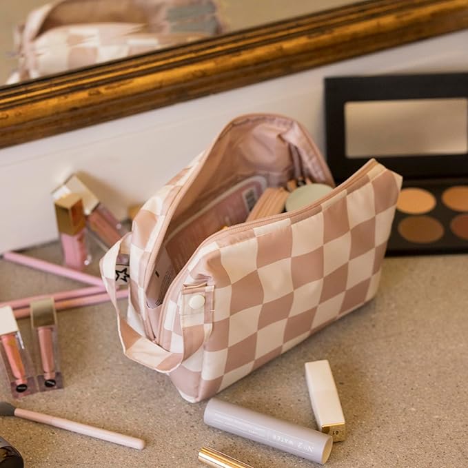 Tiny Twinkle Travel Waterproof Makeup Bag | Travel-Friendly Cosmetic Organizer with Convenient Carry Handle | Spacious Interior, and Secure Zipper Closure (Beige Checkers)