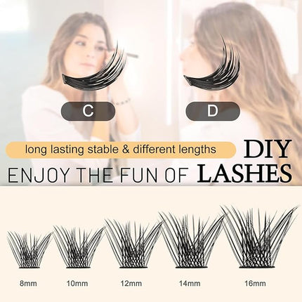 QUEWEL Lash Clusters 72 Pcs Wide Stem Individual Lashes C/D Curl 8-16mm Length DIY Eyelash Extension False Eyelashes Soft for Personal Makeup Use at Home (H03-C-12)