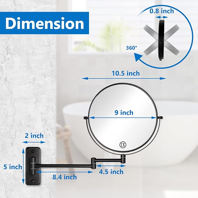 DECLUTTR 9 Inch Large Wall Mounted Makeup Mirror, 1X/10X Magnifying Mirror Double-Sided, 360° Swivel Extendable Makeup Mirror for Bathroom, Black