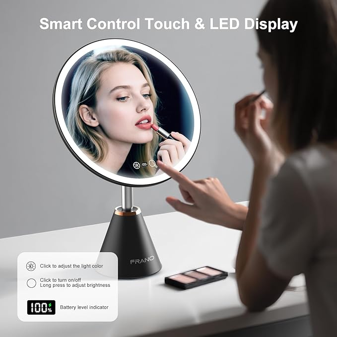 Vanity Mirror with Lights, Rechargeable Lighted Makeup Mirror with 10X/1X Magnification, LED Display for Desk, 3 Color Lights Touch Dimmable, 10.5" Round, Gifts for Women