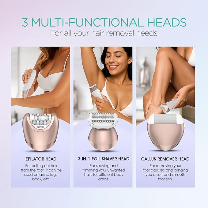 VOYOR Epilator for Women, 3 in 1 Epilator Hair Removal for Women, Epilators Hair Remover for Leg Arm with 30 Tweezers, Rechargeable & Cordless Electric Lady Shaver & Trimmer BM300 (Champagne Gold)