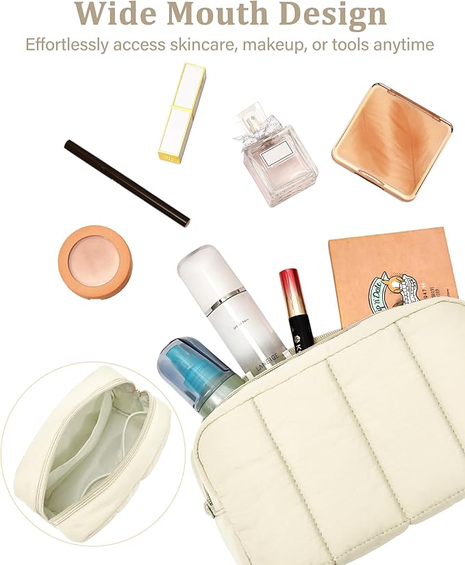 oscaurt 2 Pcs Makeup Bag Travel Toiletry Bag for Women Puffy Padded Cosmetic Pouch Purse Wide-open Makeup Organizer Case Travel Essentials