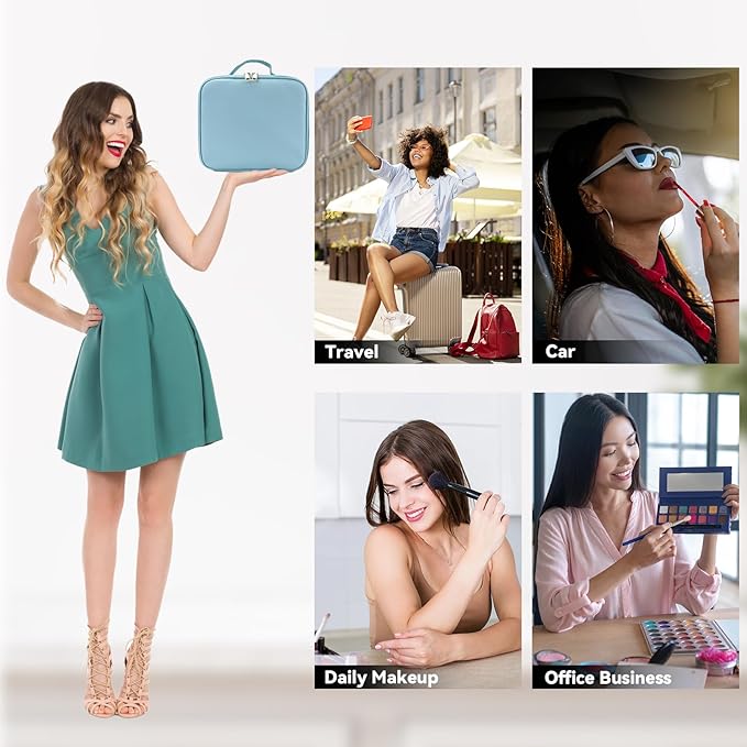 Travel Makeup Bag with LED Mirror and 10x magnifying glass with 3 Lighted Settings, Adjustable Dividers and Makeup Brush Storage Bag Light Blue