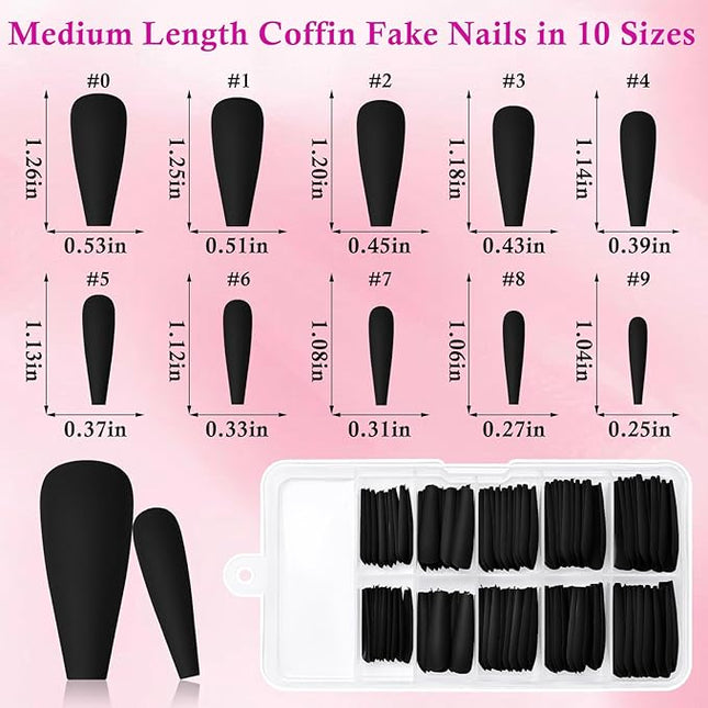 LoveOurHome 100pc Matte Coffin Press on Nails Long Fake Nails Black False Nails Medium Ballerina Acrylic Nails Press ons Nail Coffin Artificial Nails Women Girls Black Fake Fingernails 10 Sizes