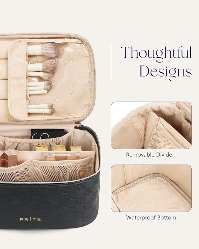 Prite Makeup Bag Portable Cosmetic Organizer with Brush Holder Waterproof Travel Toiletry Bag for Women with Handle and Divider (Checkered Black)