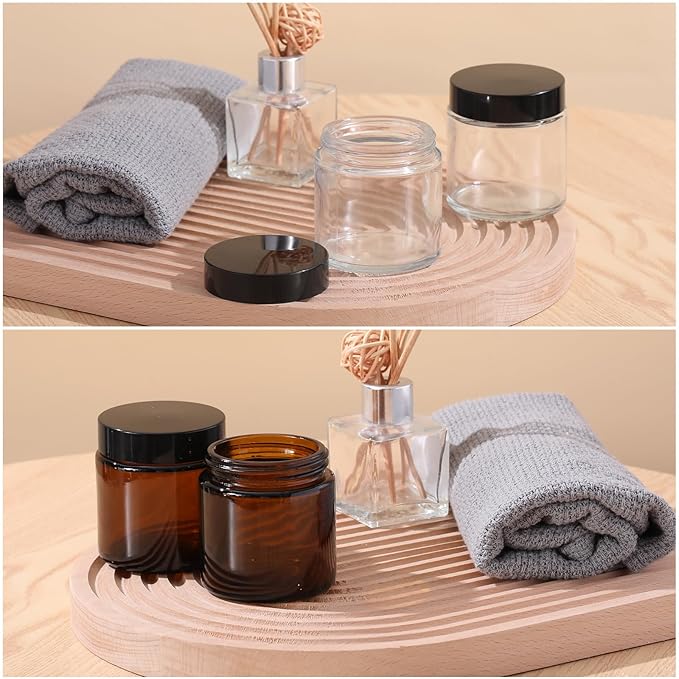Norme 24 Pcs 4 oz Glass Jars with Lids Leakproof Round Airtight Empty Cosmetic Jars with Inner Liners Lid for Storing Lotions Powder Ointments Candle Making Tins (Black,Amber and Clear)