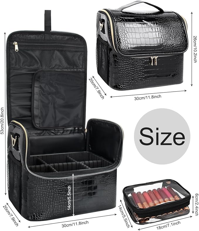 Travel Makeup Case with 4 Small Bag, Professional Makeup Artist Bag Tattoo Case Makeup Organizer Box with Adjustable Dividers and Shoulder Strap (Medium, Black)