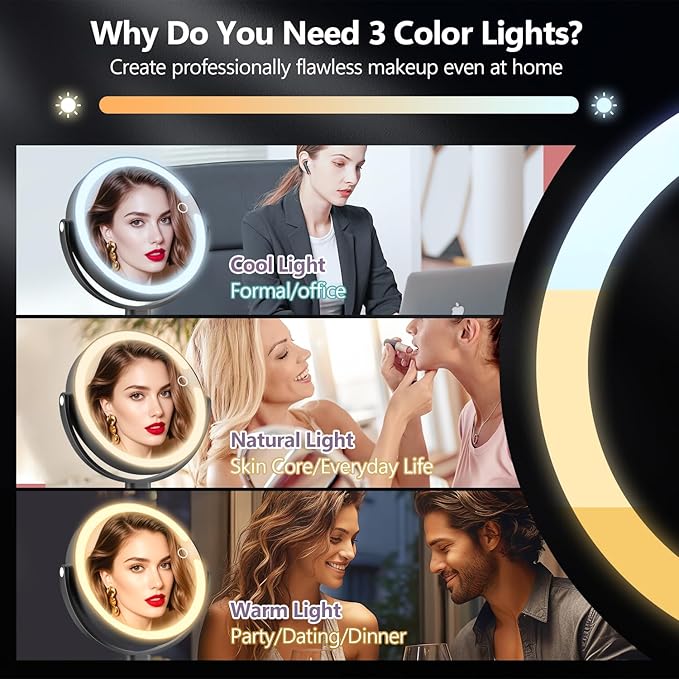 MIYADIVA Makeup Mirror with Lights,20X Magnifying Mirror with Light and Touch Switch,Vanity Mirror with 3 Color Light and 80 LEDs,2-Sided Lighted Magnified Mirrors 8.8 Inches, Black