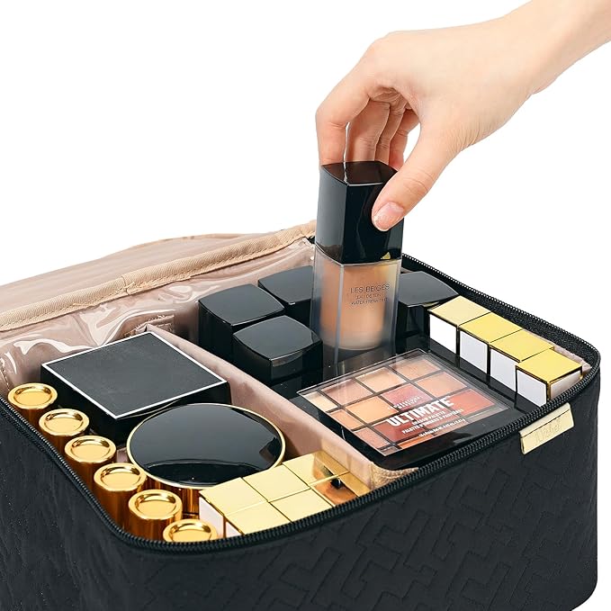 NISHEL Large Double Layer Travel Makeup Bag Women, Cosmetic Case, Organizer for Travel-Size Accessories Bottles, Brushes, Conditioner, and Skin Care Products, Black