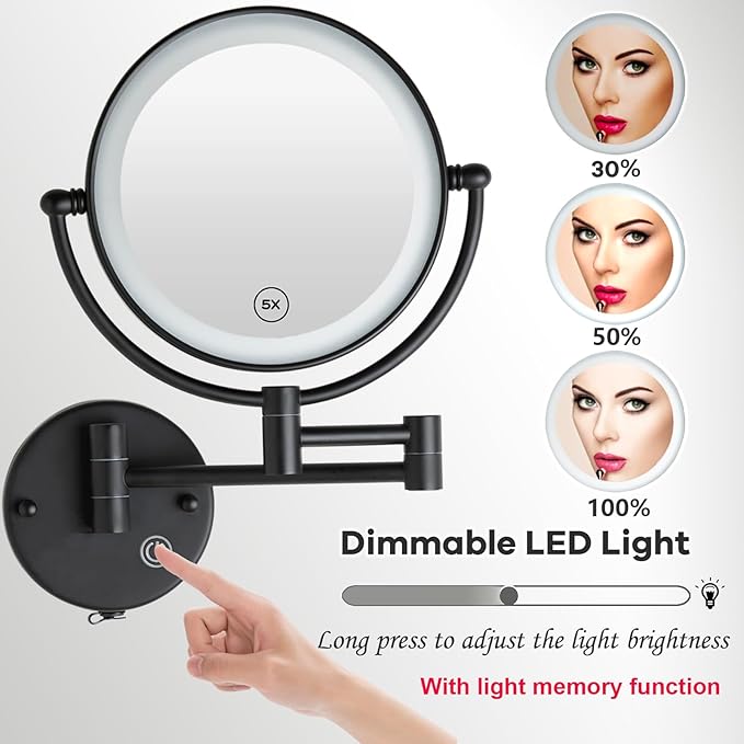 Rechargeable Bathroom Makeup Mirror with Light Wall Mounted, Brass 1/5X 2 Sided Magnifying Mirror with Extension Swing Arm, Touch Dimmable 360 Rotation Foldable Led Vanity Mirror, Matte Black